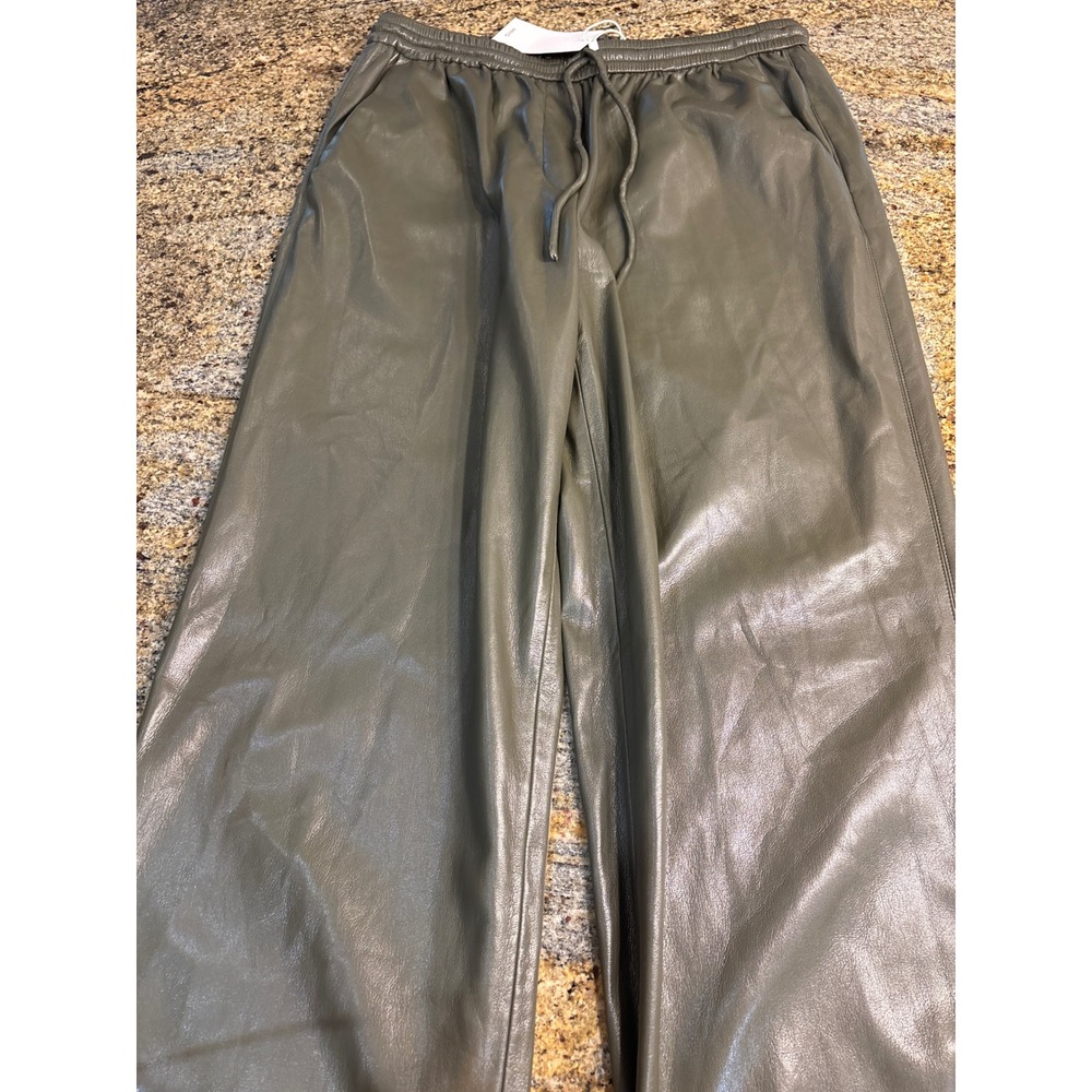 NWT Mango MNG Charlize Faux Leather Pants Olive Green Drawstring Womens L